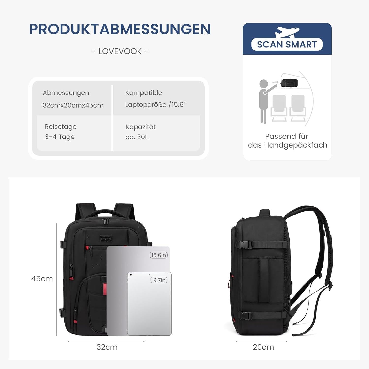 Handgepäck Rucksack Flugzeug Reiserucksack Damen Herren 40l Schwarz