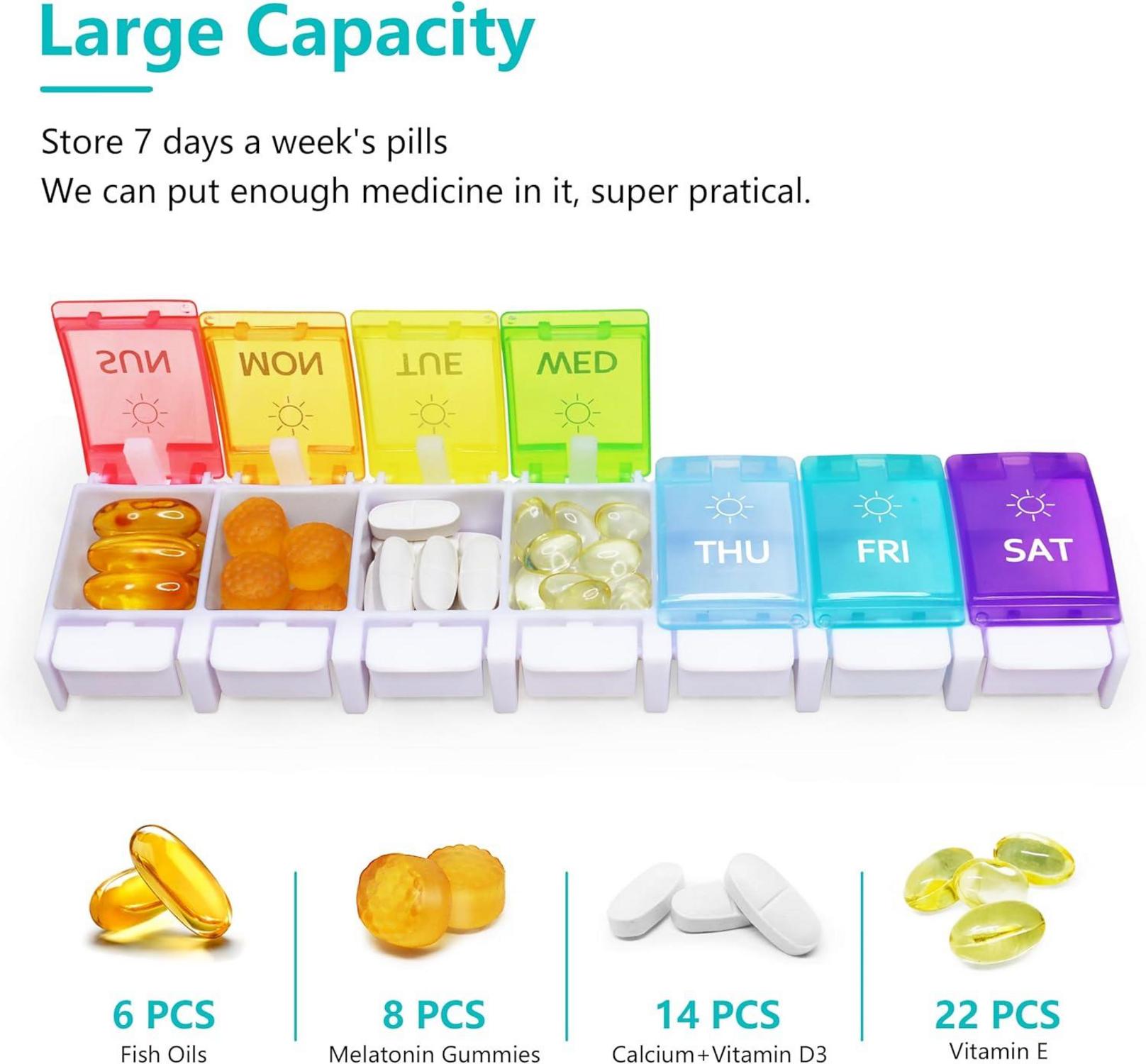 Tablettenbox 7 Tage Pillendose 14 Fächer Druckknopf Regenbogenfarbe