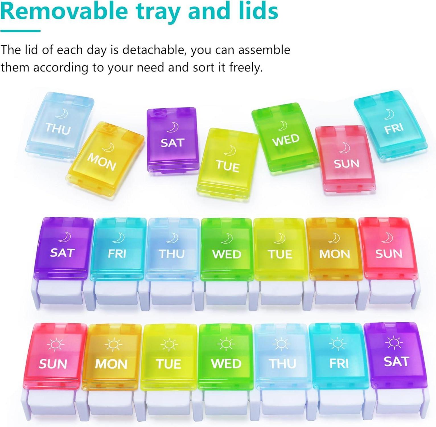 Tablettenbox 7 Tage, Morgens Abends, 14 Fächer, Druckknopf, Regenbogen