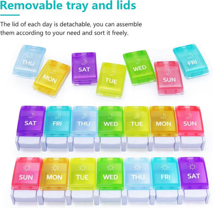 Tablettenbox 7 Tage, Morgens Abends, 14 Fächer, Druckknopf, Regenbogen