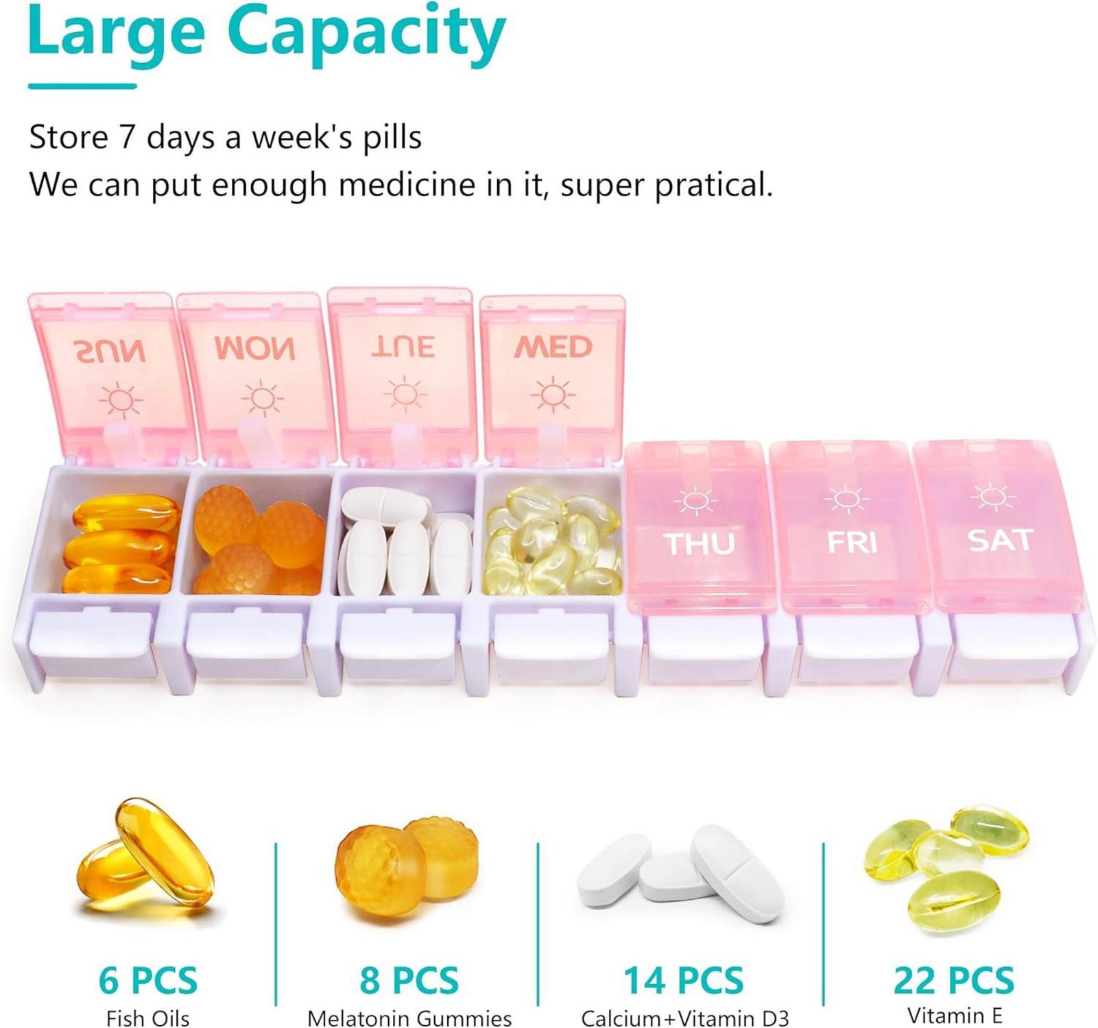 Tablettenbox 7 Tage, Morgen Abend Pillendose 14 Fächer Druckknopf Rosa Blau