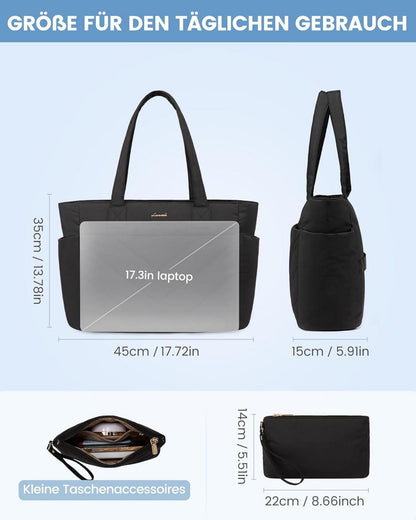 Schwarze Laptoptasche Damen 17,3 Zoll Handtasche Groß Arbeit Uni