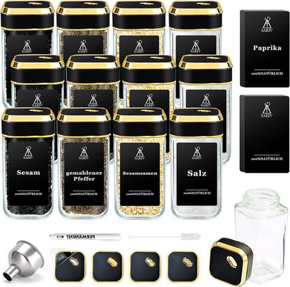 Gewürzstreuer Set mit Schwarzgold Deckel 12x120ml, Gewürzdosen Glas