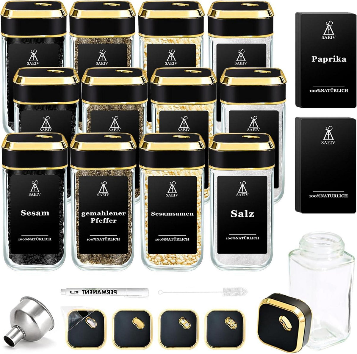 Gewürzstreuer Set mit Schwarzgold Deckel 12x120ml, Gewürzdosen Glas