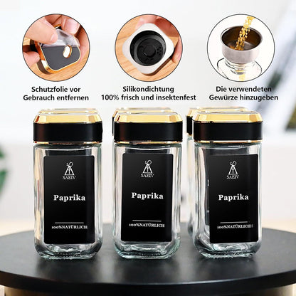 Gewürzstreuer Set mit Schwarzgold Deckel 12x120ml, Gewürzdosen Glas
