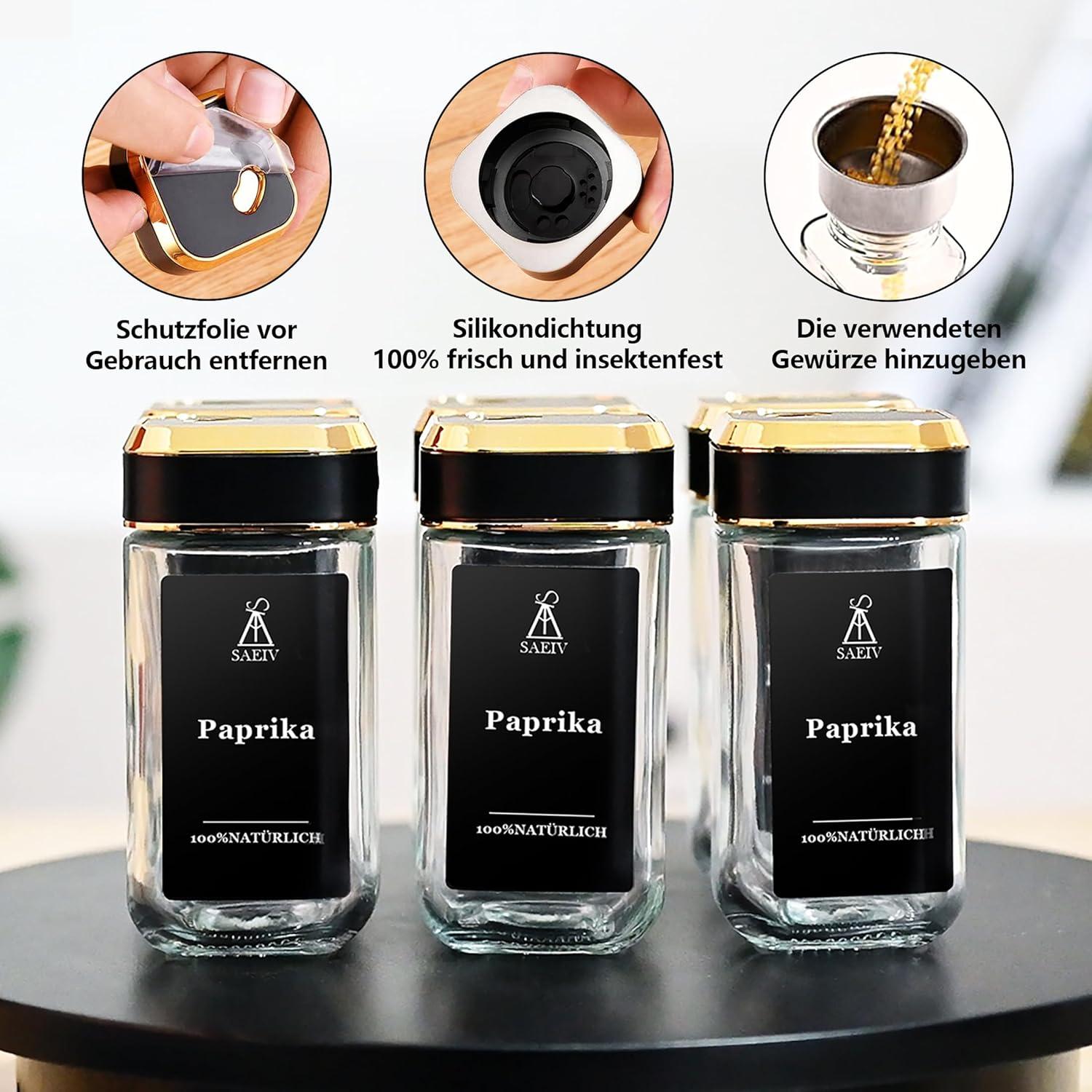 Gewürzstreuer Set mit Schwarzgold Deckel 12x120ml, Gewürzdosen Glas