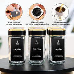 Gewürzstreuer Set mit Schwarzgold Deckel 12x120ml, Gewürzdosen Glas
