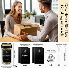 Gewürzdosen Set mit Schwarzgoldenen Deckeln 12x120ml - Transparentes Borosilikatglas - Drehbare Streuöffnungen - DIY Etiketten - Komplettes