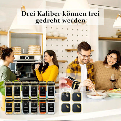 12 Gewürzdosen Glas Schwarzgold Deckel Set 120ml + Etiketten