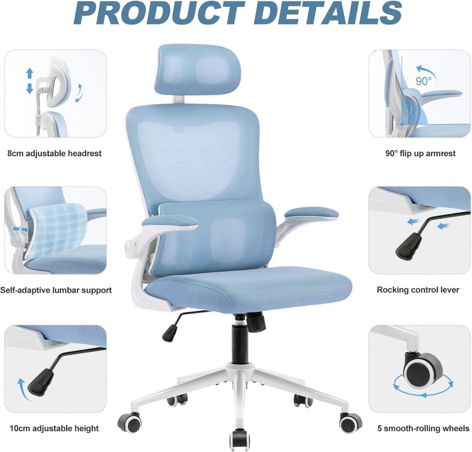 Ergonomischer Bürostuhl mit Kopfstütze und Schaukelfunktion, blau