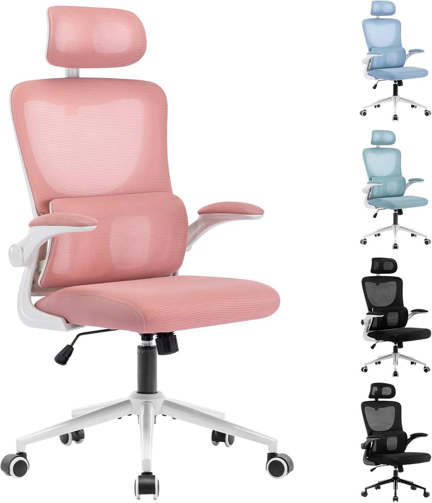 Ergonomischer Bürostuhl mit Kopfstütze und Lordosenstütze, rosa