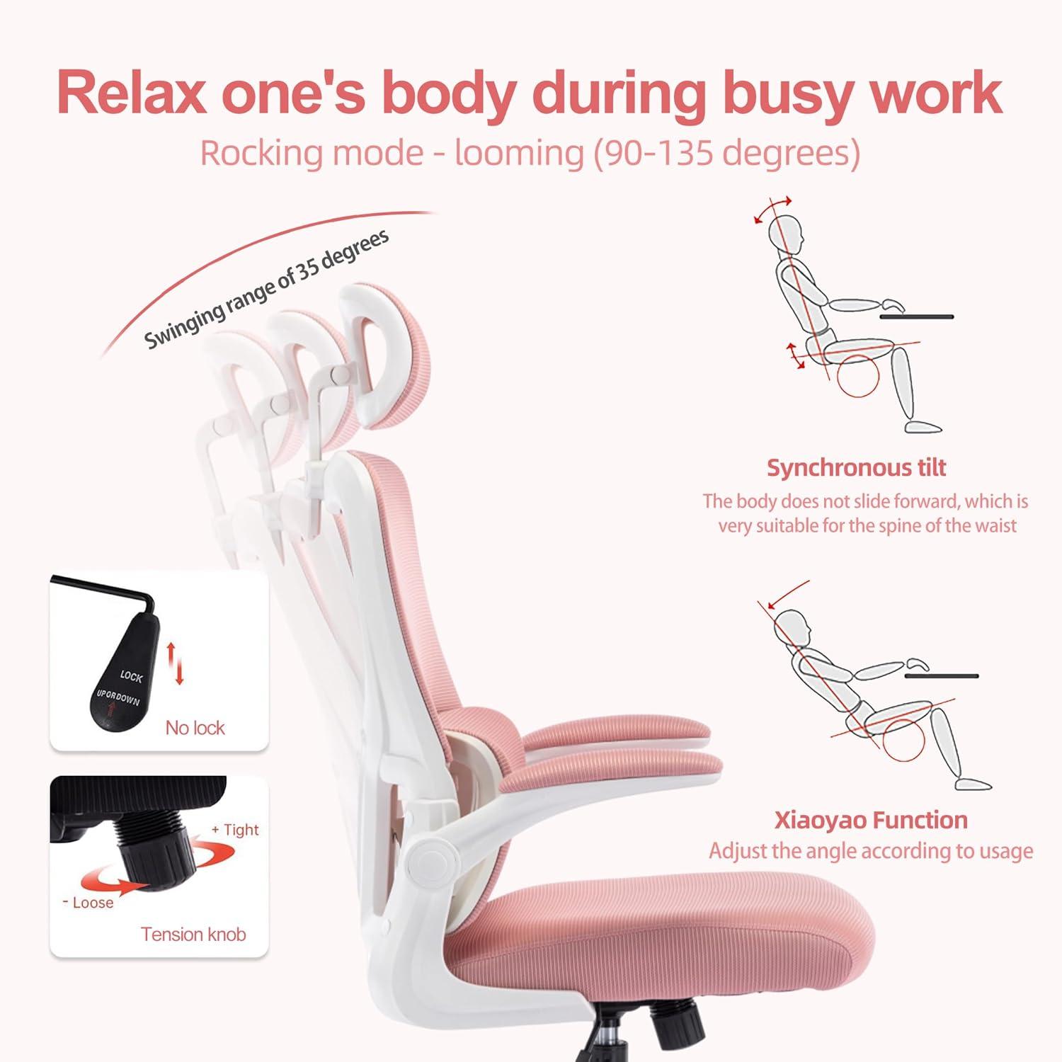 Ergonomischer Bürostuhl rosa mit Kopfstütze Lordosenstütze Armlehne