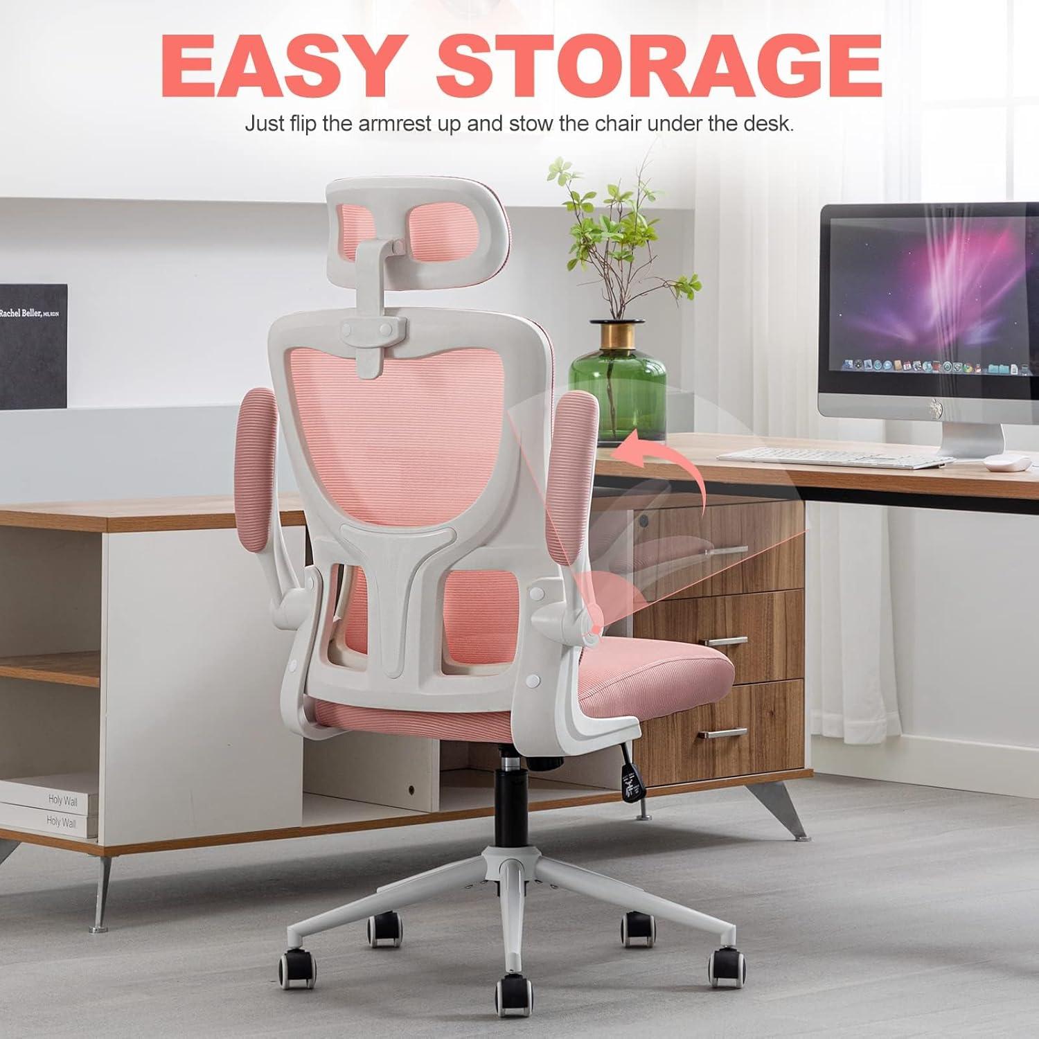 Ergonomischer Bürostuhl mit Kopfstütze und Lordosenstütze, rosa