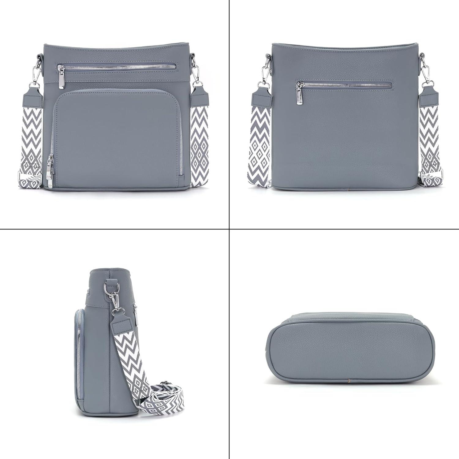 Damen Handtasche Mittelgroß Umhängetasche Vegan Leder Crossbody Grau Blau