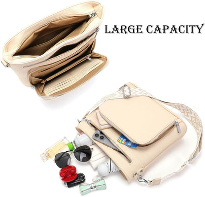 Große Damen Umhängetasche Vegan Leder Beige mit Geldbörse