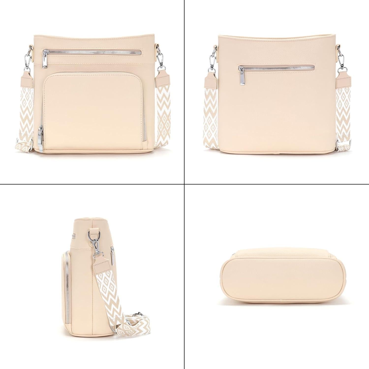 Damen Handtasche Mittelgroß Umhängetasche Vegan Leder Crossbody Beige