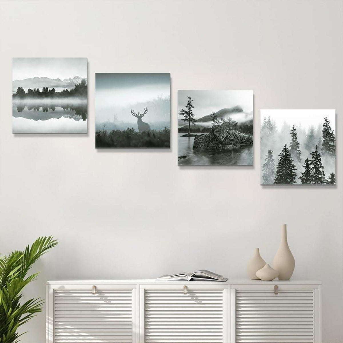 4-teilig Leinwandbild Wald & Nebel - Moderne Wanddekoration 30x30 cm