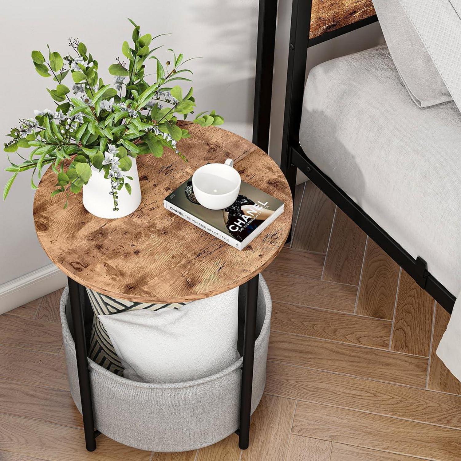Runder Couchtisch mit Stauraum Korb, Holz, Schwarz+Vintagebraun