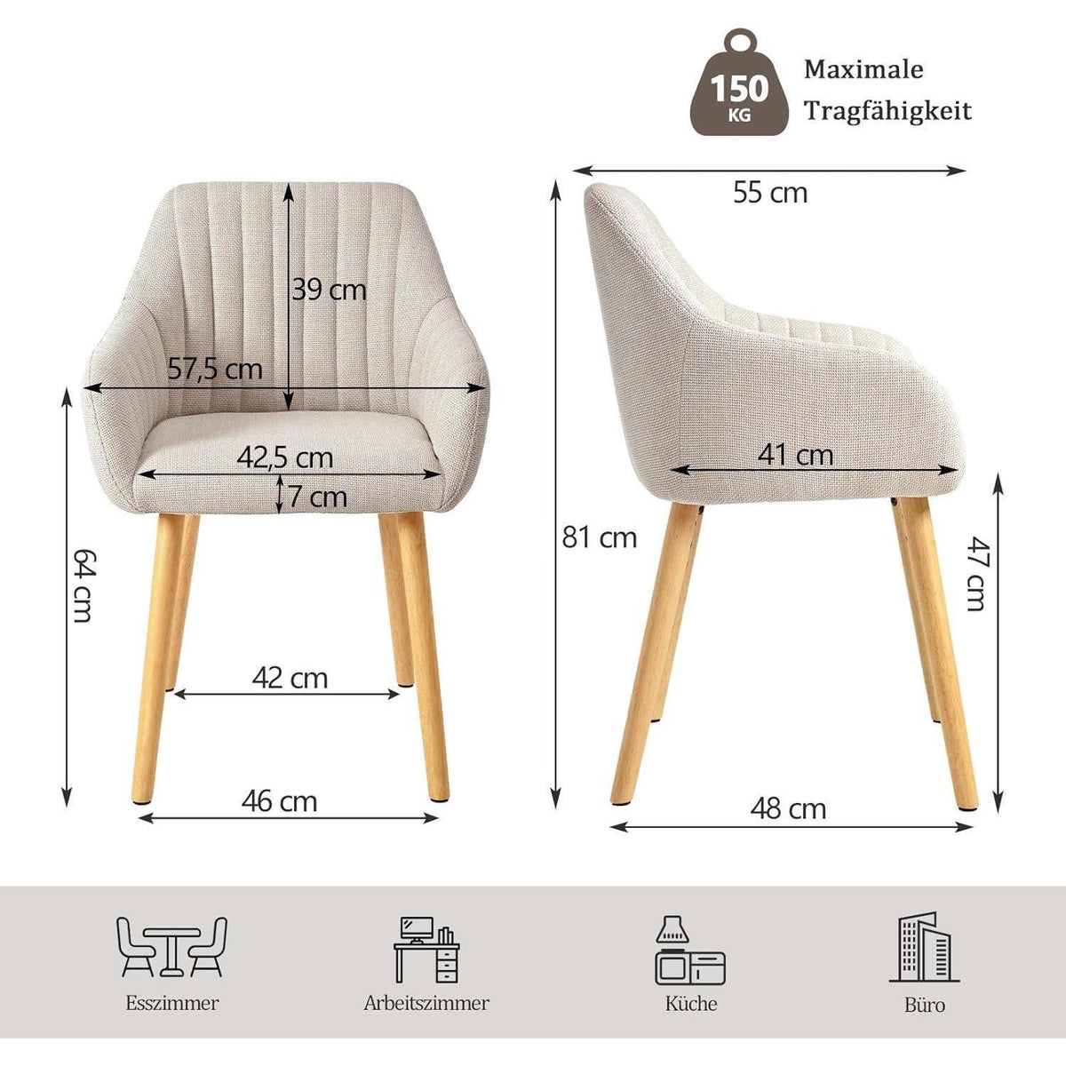 Esszimmerstuhl Set 4er Beige mit Armlehnen & Holzbeinen
