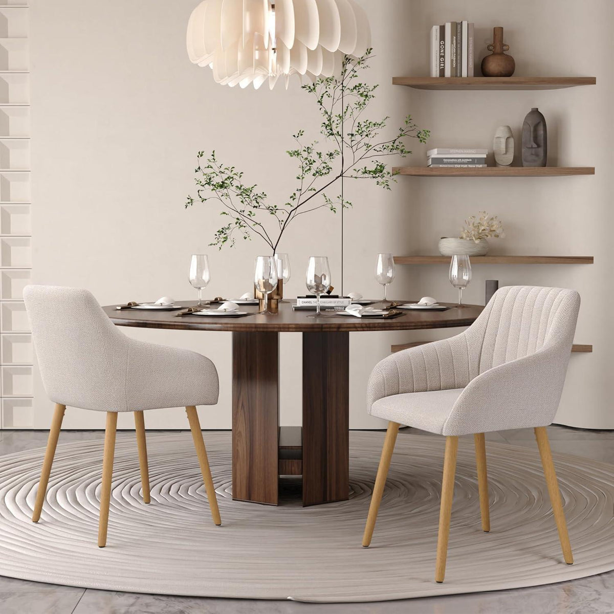 Esszimmerstuhl Set 4er Beige mit Armlehnen & Holzbeinen