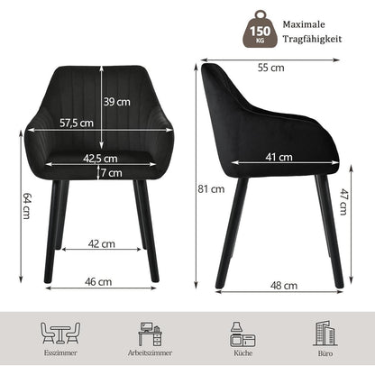 Esszimmerstühle 4er Set Schwarz Samt mit Holzbeinen & Armlehnen