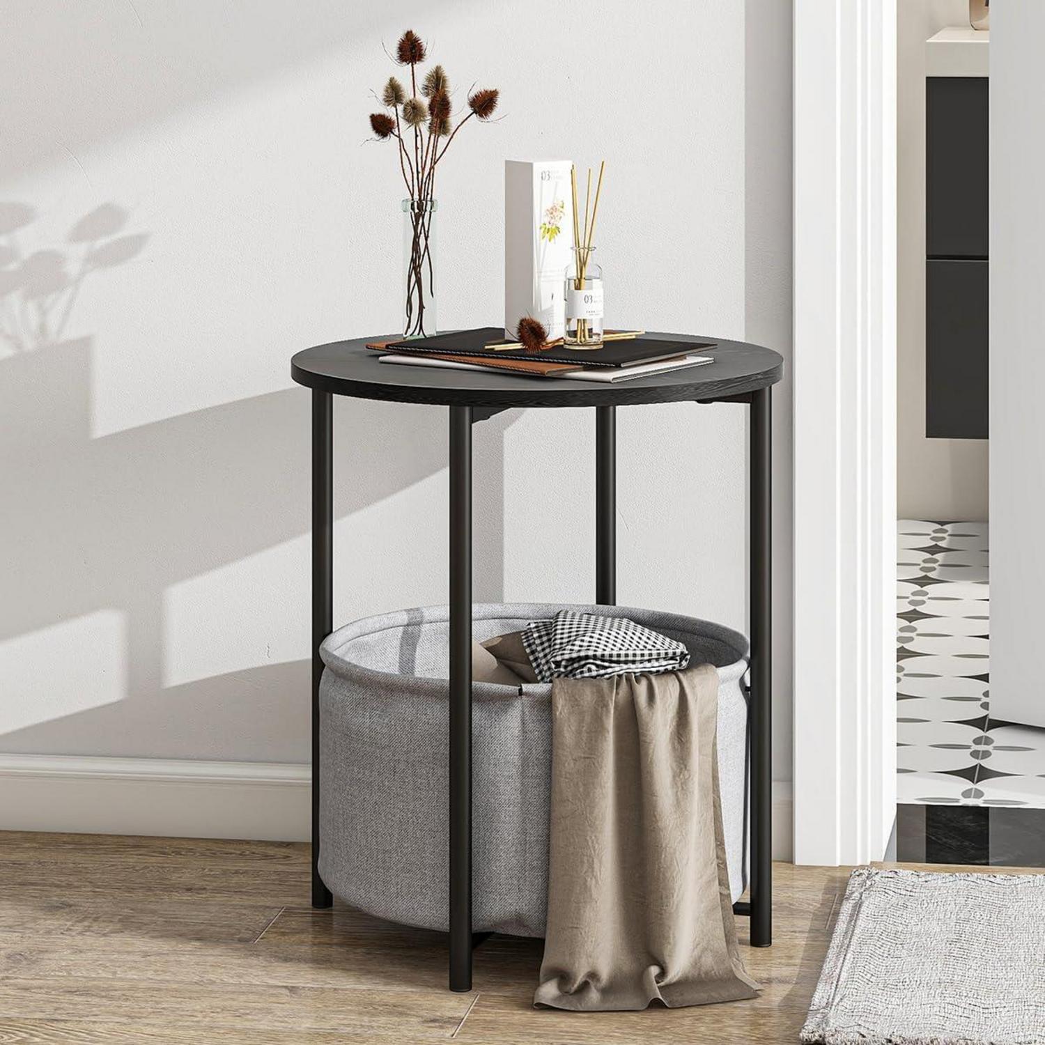 Runder Couchtisch mit Stauraum Korb aus Stoff Schwarz + Grau