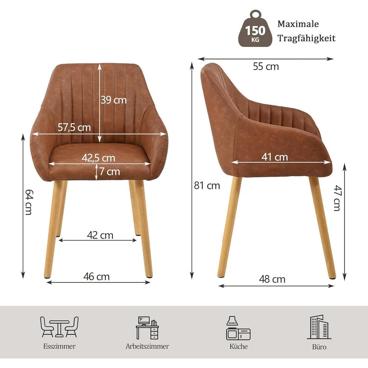 Esszimmerstühle Braun mit Armlehne & Holzbeinen 2er Set in Lederoptik