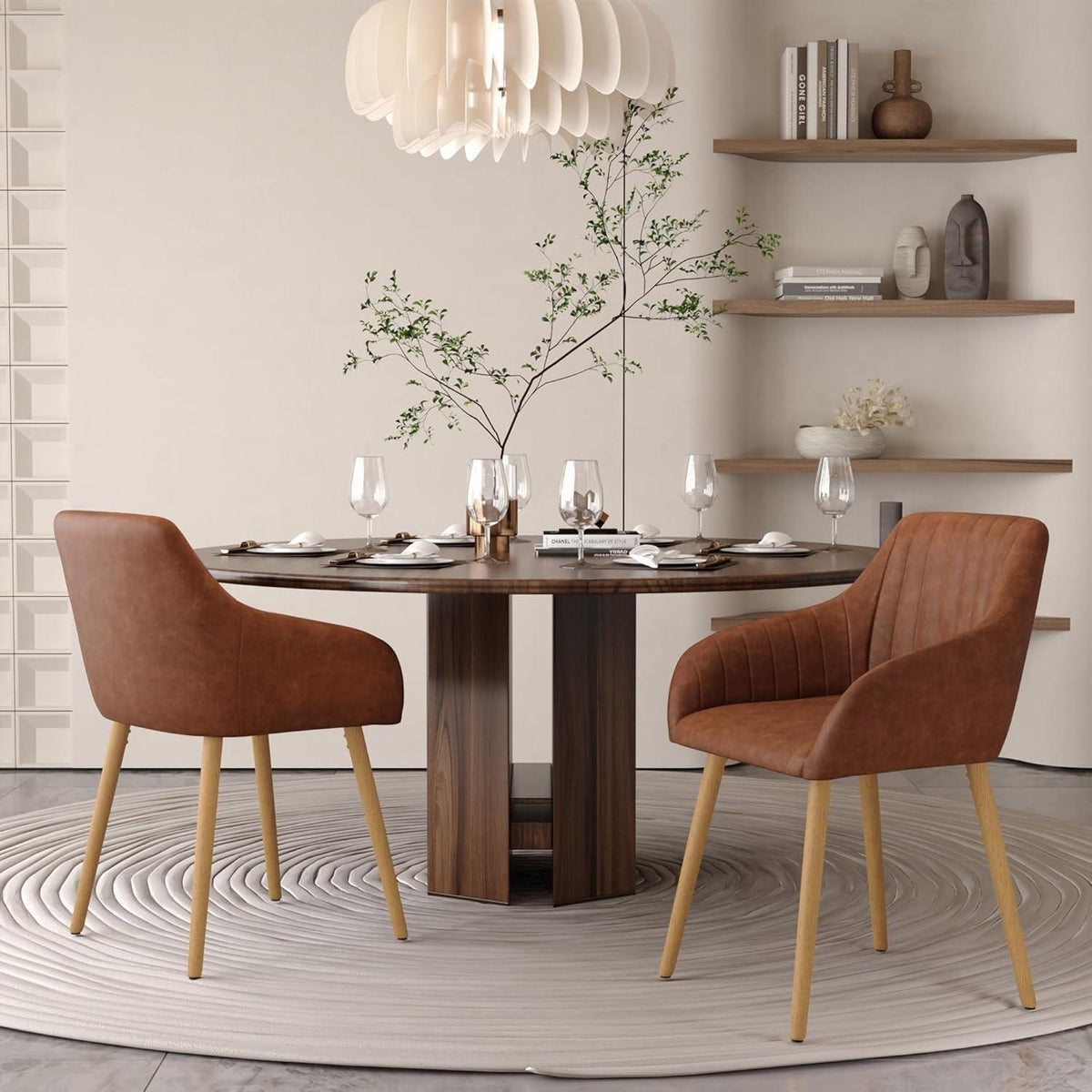 Esszimmerstühle Braun mit Armlehne & Holzbeinen 2er Set in Lederoptik