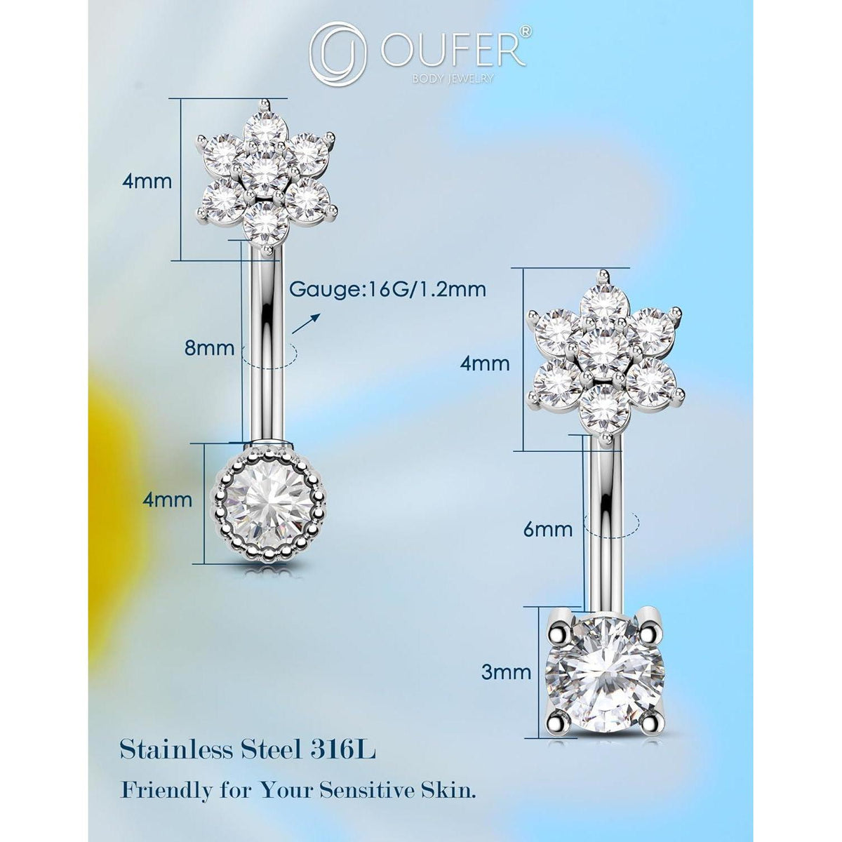 Blume Curved Barbell 16G 8mm Knorpelpiercing mit klarem CZ