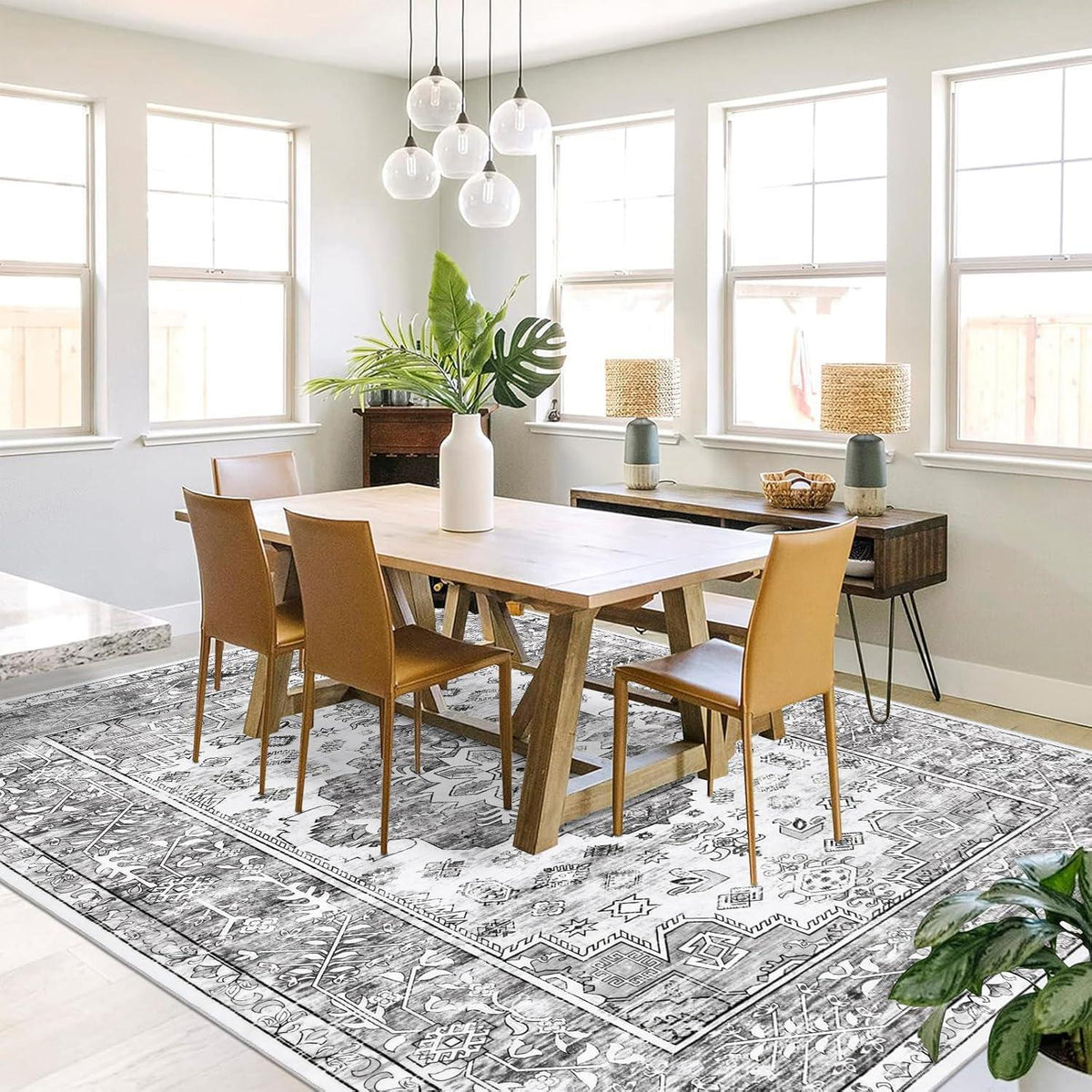 Boho Teppich 160x230cm Grau, rutschfest & waschbar