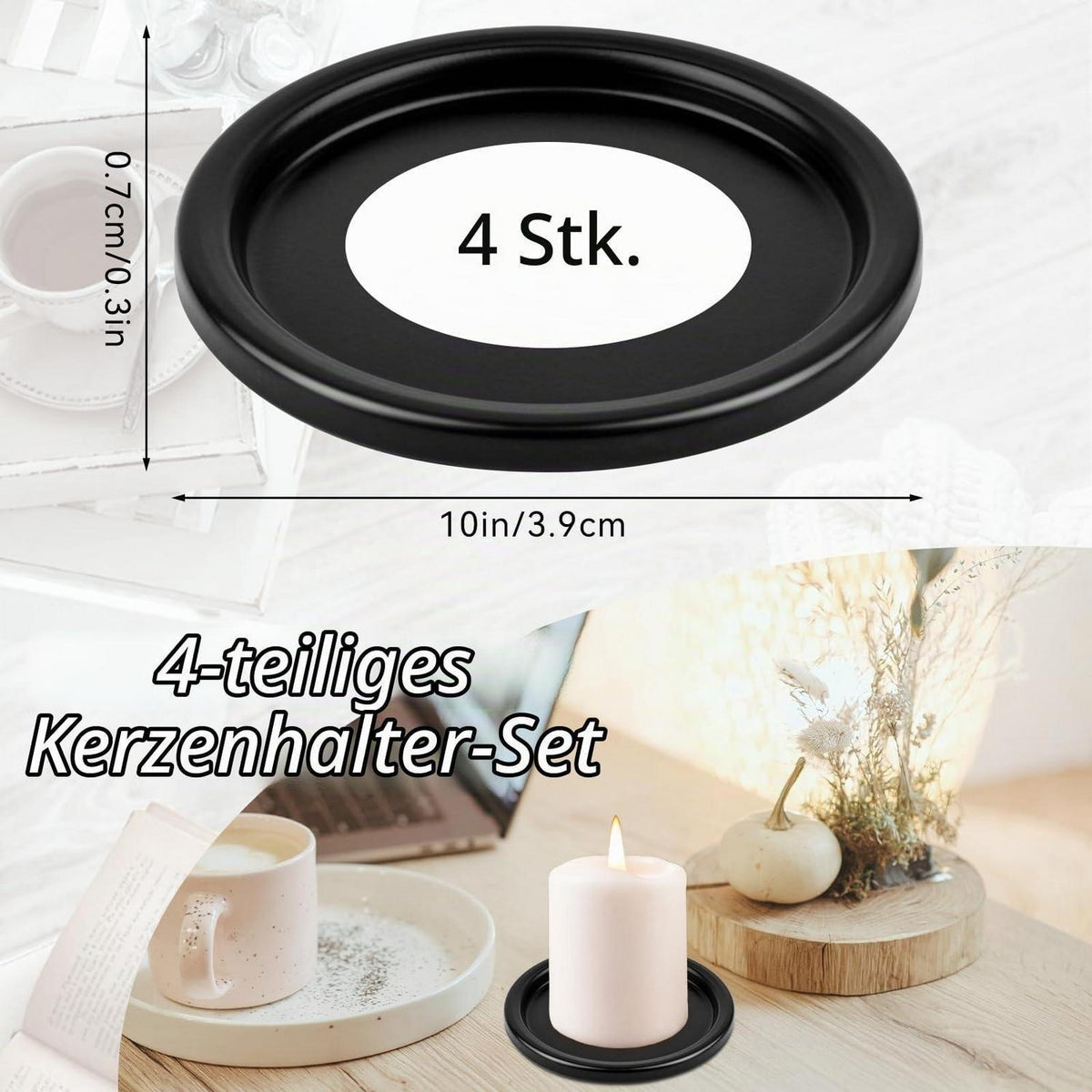 4er Set Kerzenteller Metall 10cm rund schwarz