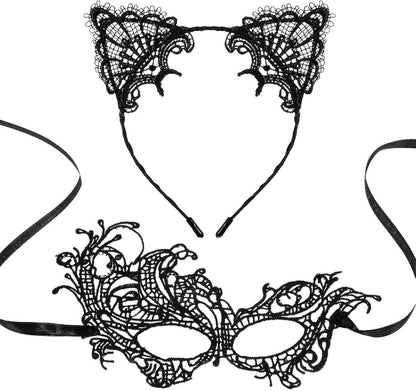 Sexy Catwoman Maske Set mit Spitzenmaske und Katzenohren