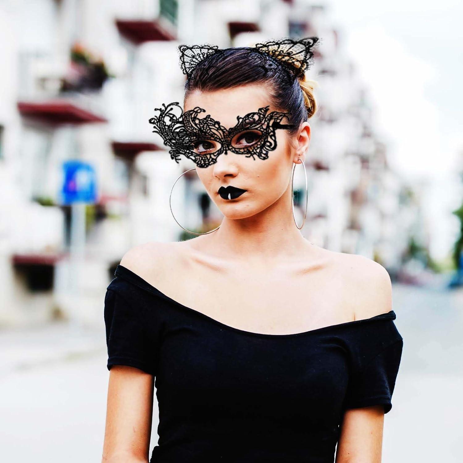 Katzenohren Haarreif Set Venezianische Maske Catwoman Spitze Maskerade Karneval