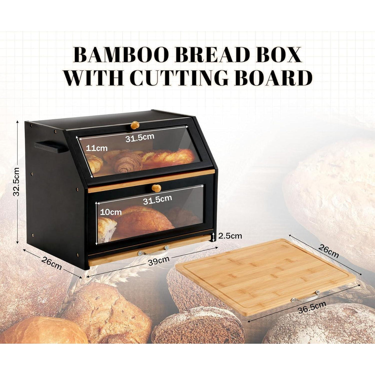 Brotkasten Bambus mit Schneidebrett und Sichtfenster