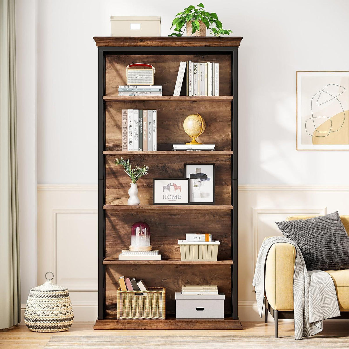 6-stöckiges Bücherregal Holz mit Metallrahmen – Industrie-Design Braun