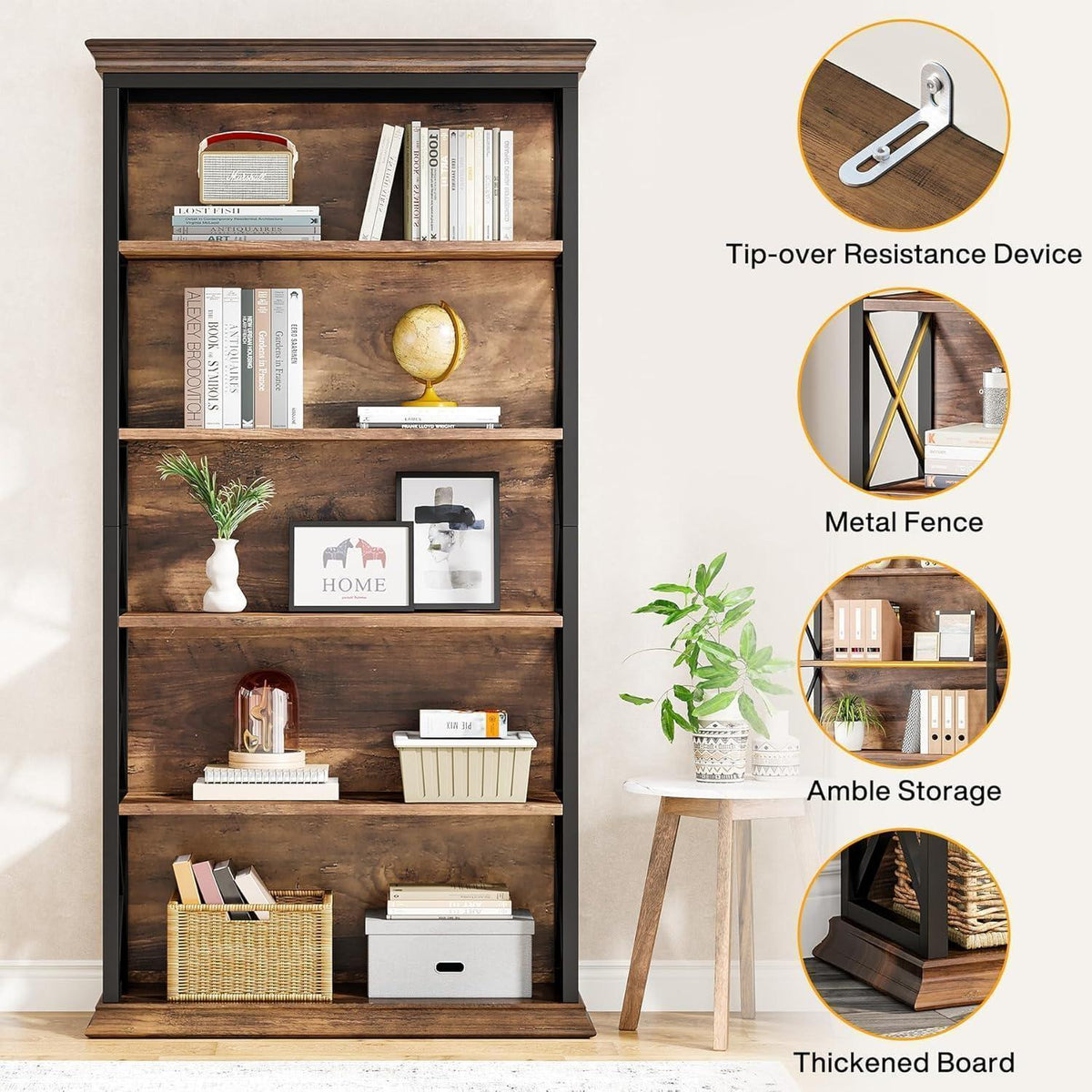 6-stöckiges Bücherregal Holz mit Metallrahmen – Industrie-Design Braun