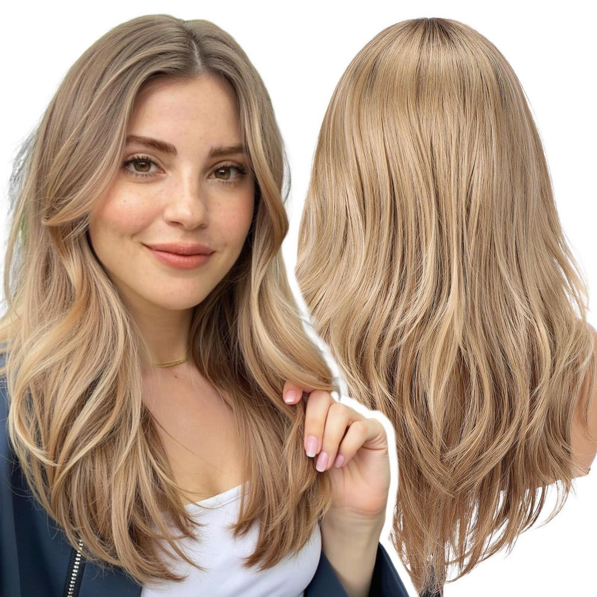 Lange Ombre Blonde Perücke mit Fransen – Synthetisch & Hitzebeständig