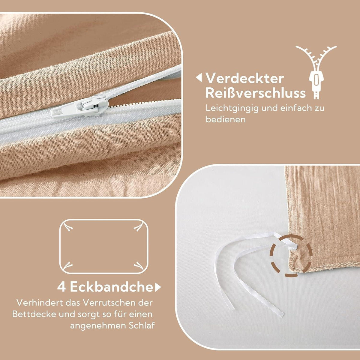 Doppelmuslin Bettwäsche 135x200 Apricot Brown 4-teilig