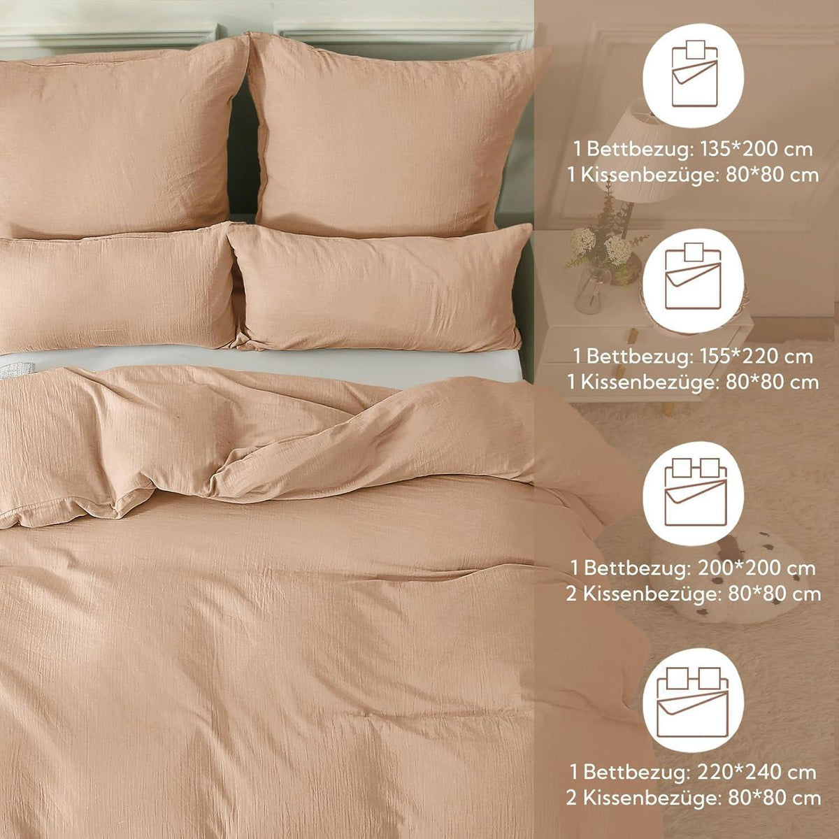 Doppelmuslin Bettwäsche 135x200 Apricot Brown 4-teilig