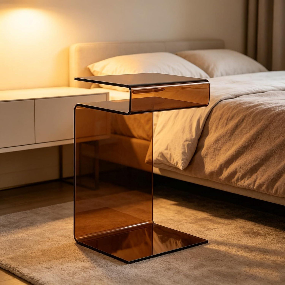 Glas Beistelltisch S-Form Braun – Nachttisch Wohnzimmer Schlafzimmer