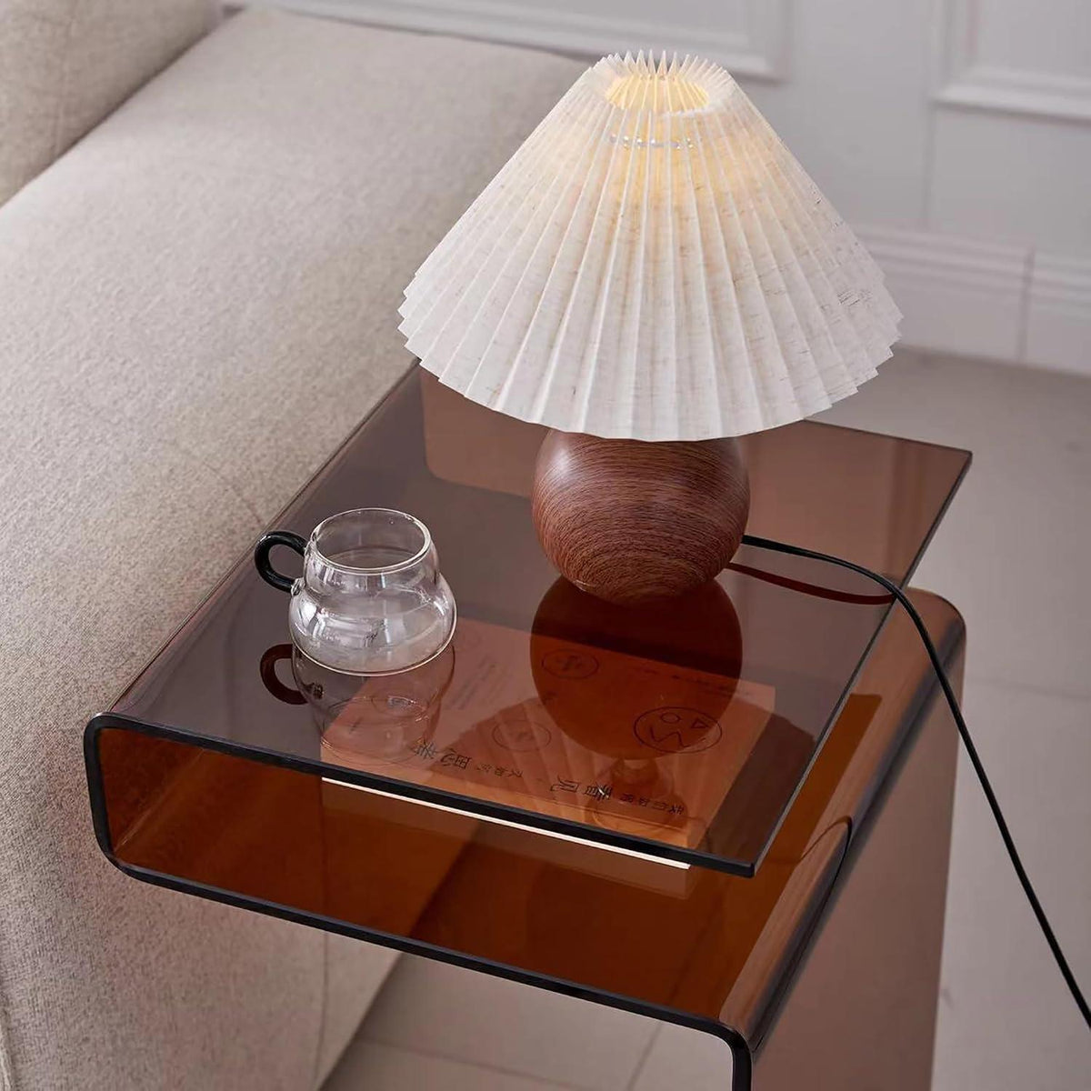 Glas Beistelltisch S-Form Braun – Nachttisch Wohnzimmer Schlafzimmer