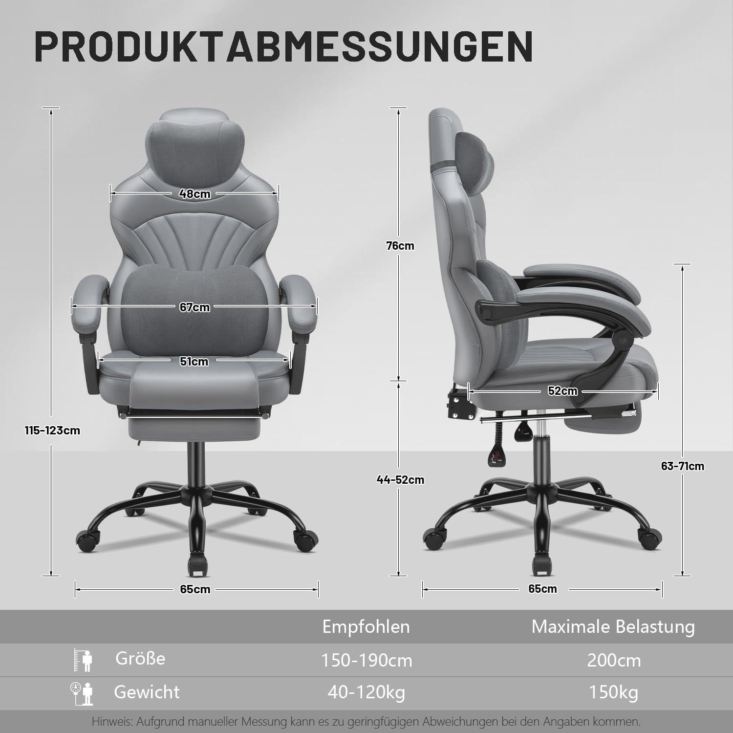 Ergonomischer Gaming Stuhl mit Fußstütze und Lendenkissen, Grau