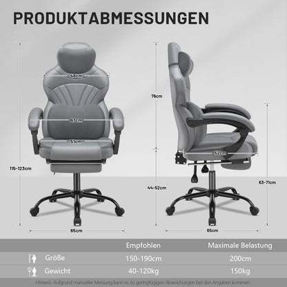 Ergonomischer Gaming Stuhl mit Fußstütze und Lendenkissen, Grau