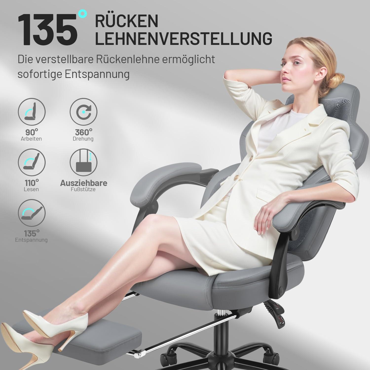 Ergonomischer Bürostuhl mit Gaming-Funktionen und 150 kg Belastbarkeit, Grau