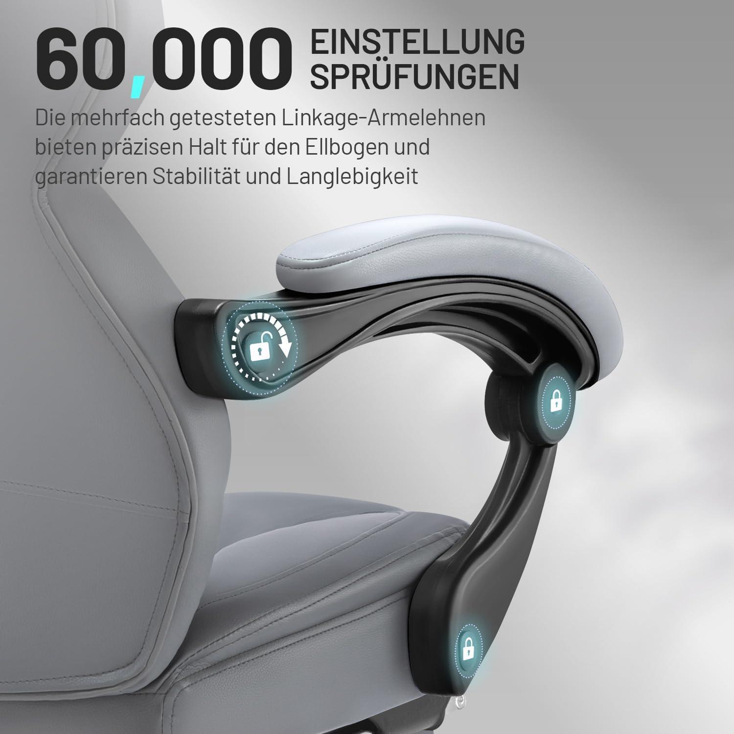 Ergonomischer Gaming Stuhl mit Verbindungsarmlehnen, Fußstütze, Grau