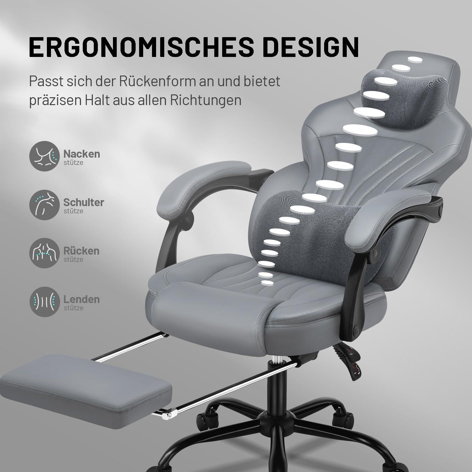 Ergonomischer Gaming Stuhl mit Verbindungsarmlehnen, Kopfstütze und