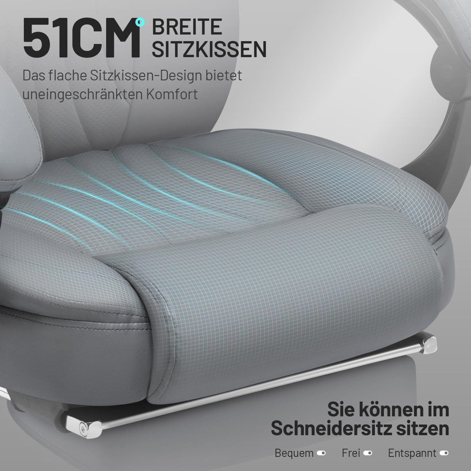Ergonomischer Gaming Stuhl mit Verbindungsarmlehnen, Fußstütze, Grau