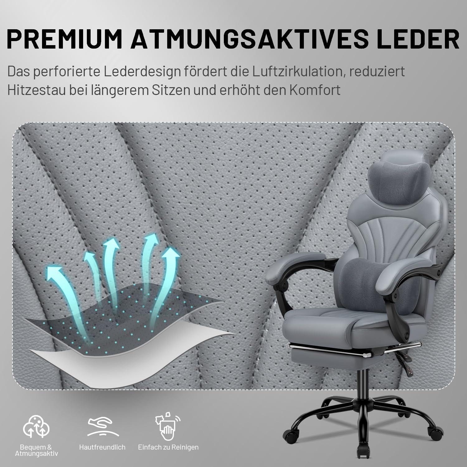 Ergonomischer Bürostuhl mit Gaming-Funktionen und 150 kg Belastbarkeit, Grau