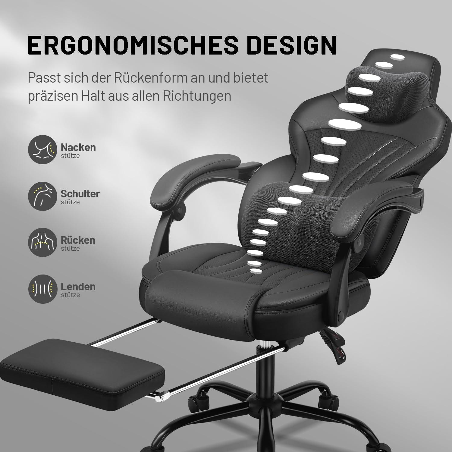 Ergonomischer Gaming Bürostuhl mit Kopfstütze, Lendenkissen und