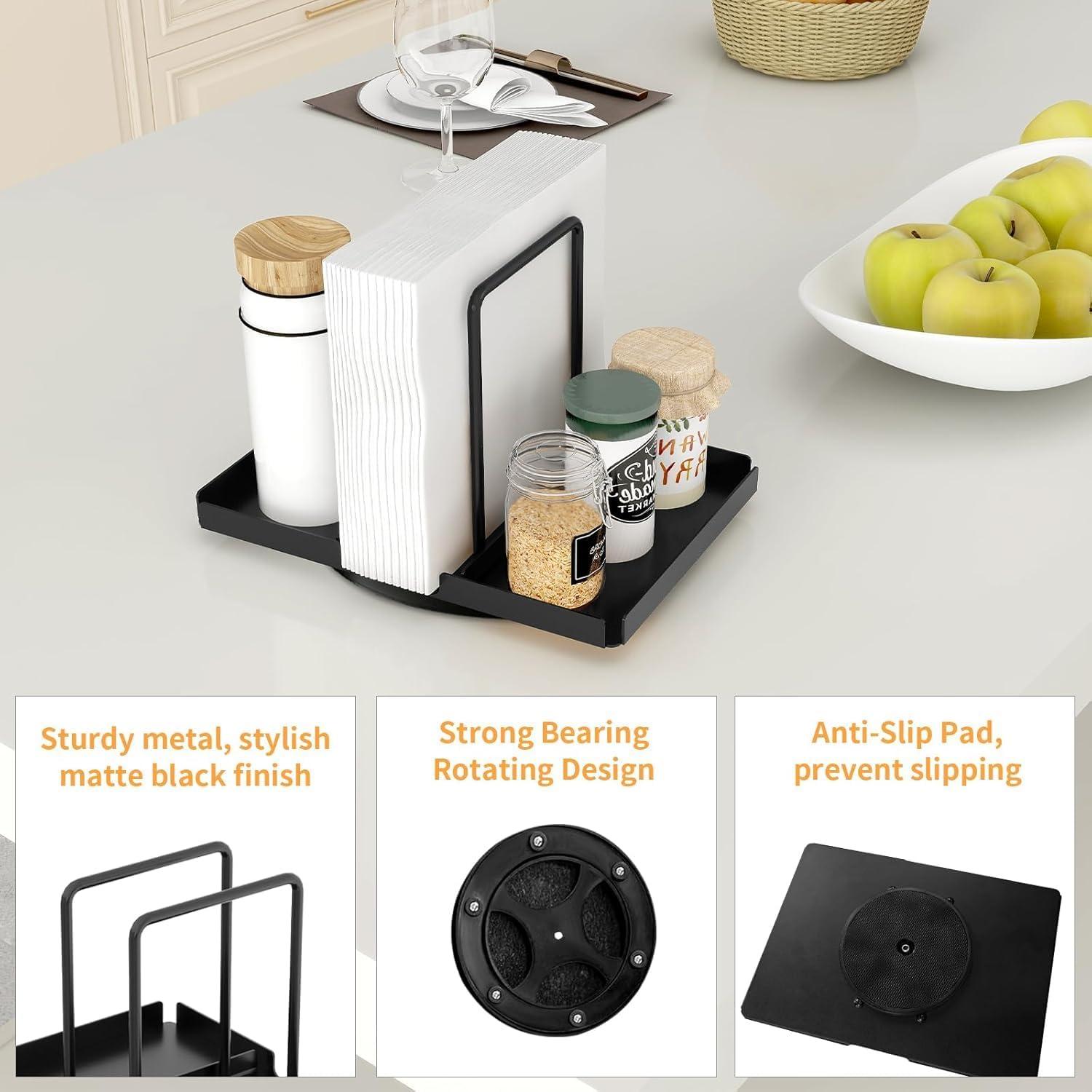 Drehbarer Serviettenhalter Schwarz Metall Caddy für Salz Pfefferstreuer Tisch Küchenzubehör